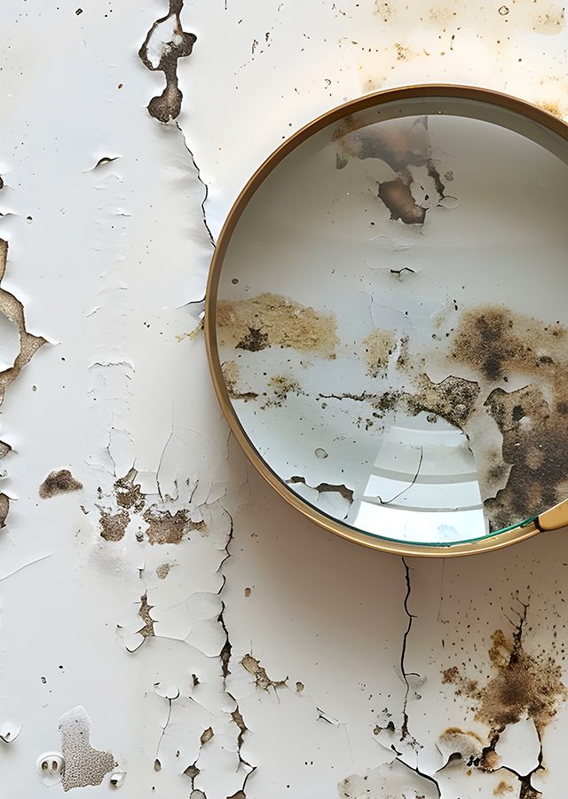 Examining Mold Growth on White Surface with Magnifying Glass. Concept Mold Growth, White Surface, Magnifying Glass, Examination, Laboratory Testing